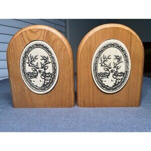Rare Vintage 1986 Trinity Pottery Bookends, Deer, Wood & Ceramic, EUC